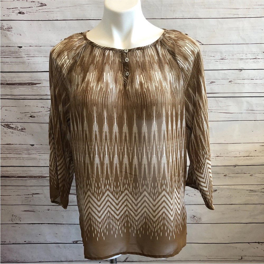 Chicos Rhythmic Pulse Pullover Top SIZE 1 Peek A Boo Sleeve Semi Sheer Brown NWT
